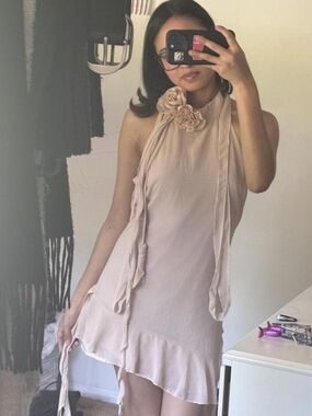 Halter Mini Dress with Floral Neck Detail - Blush